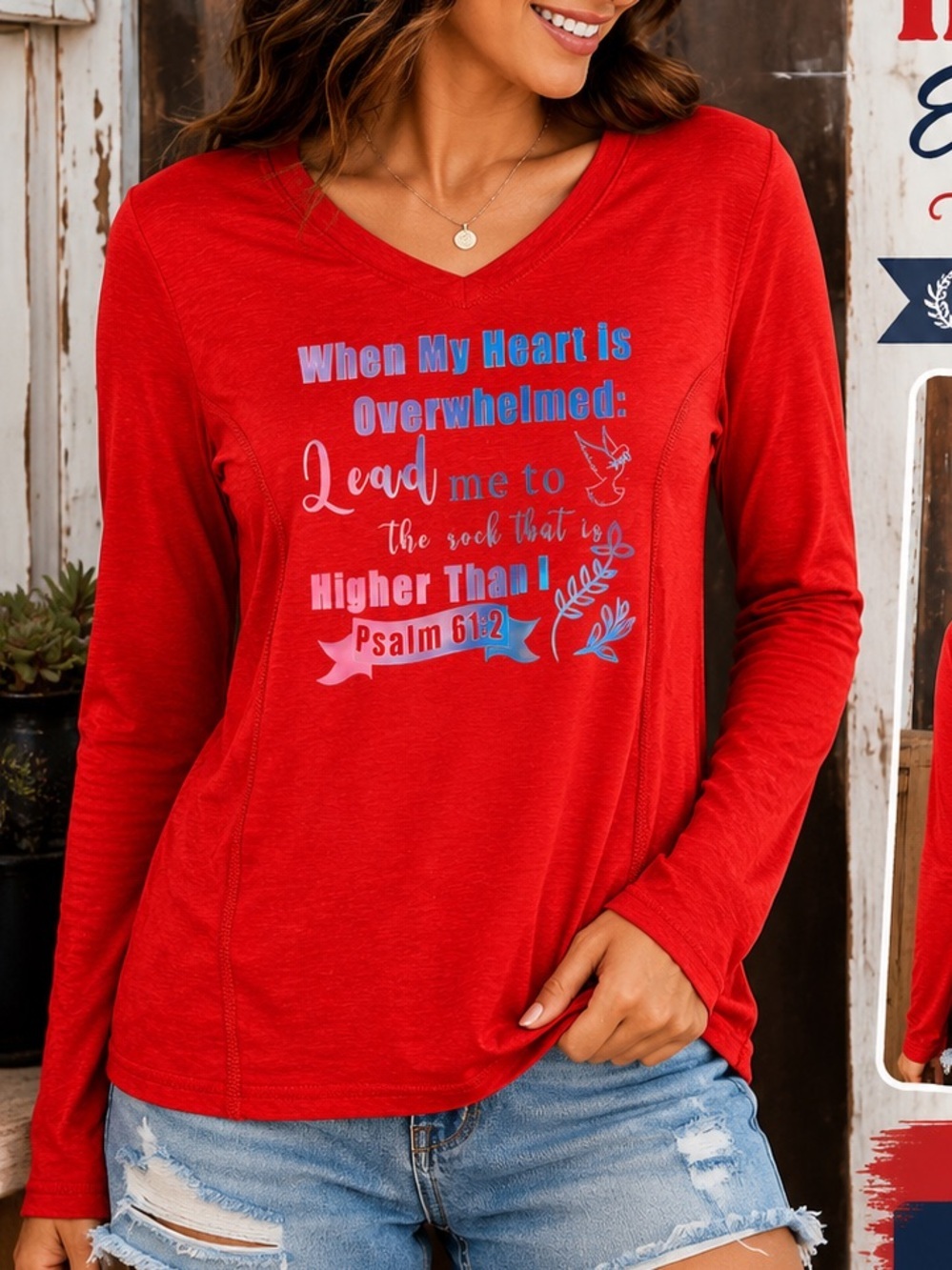 Faith based Red Long-Sleeve V-Neck Graphic Top with Psalm 61:2 SMALL